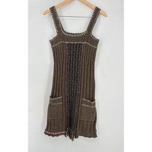Knit Dress Sleeveless Brown Beaded Pockets Casual Cute Size Medium